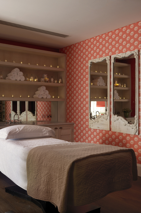 Diagonal shot of a single treatment room of the Soholistic Spa at Ham Yard Hotel