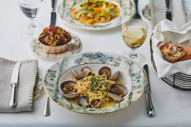 Close up image of a dish of Spaghetti Vongole, At the Warren Street Hotel