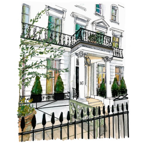 A watercolor-style illustration of Number Sixteen London exterior at an angle