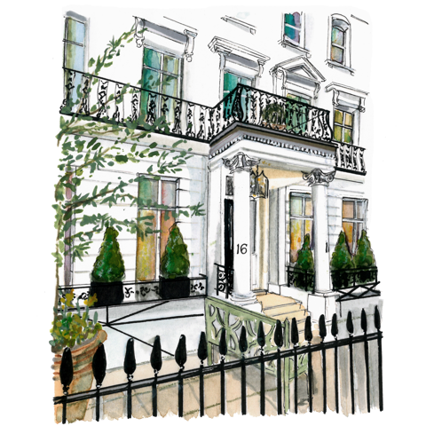 A watercolor-style illustration of Number Sixteen London exterior at an angle
