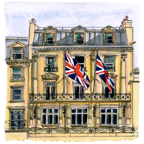 A watercolor-style illustration of Haymarket Hotel London exterior.
