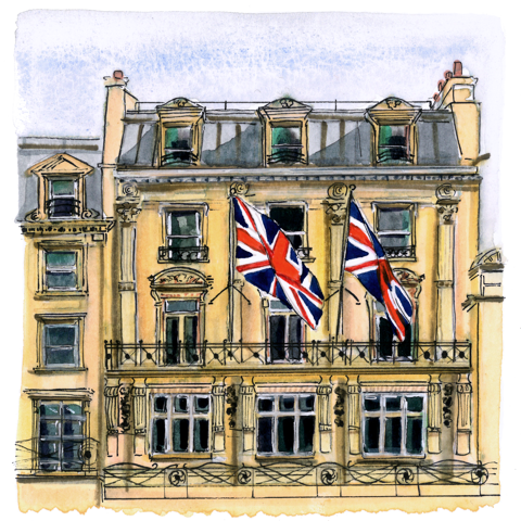 A watercolor-style illustration of Haymarket Hotel London exterior.
