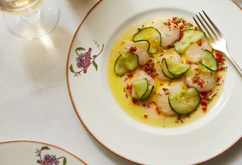 Scallop crudo on a white plate