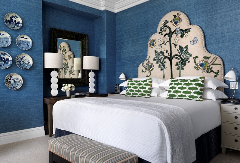 A blue themed bedroom at The Whitby Hotel, New York