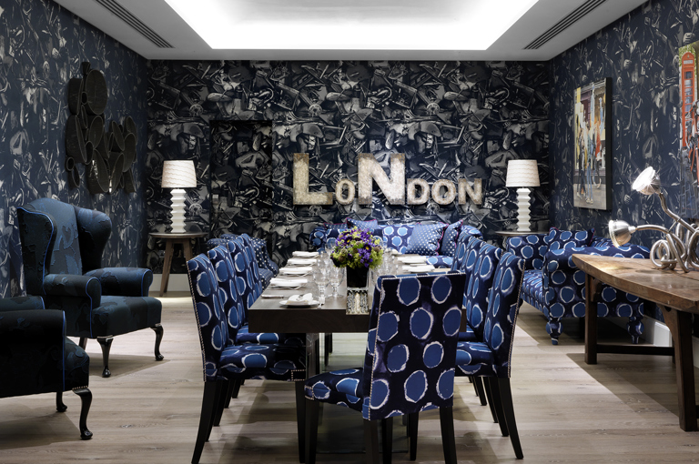 Long dining table set-up in the Archer private events room at Ham Yard Hotel