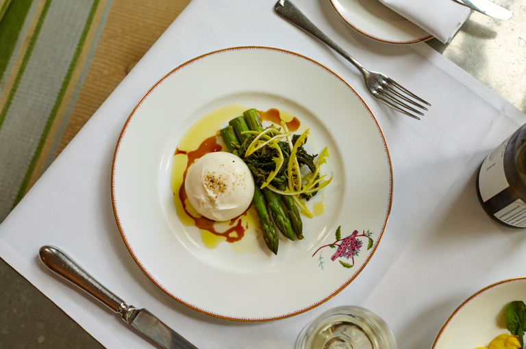 Starter of burrata shot from above on a table at The Orangery