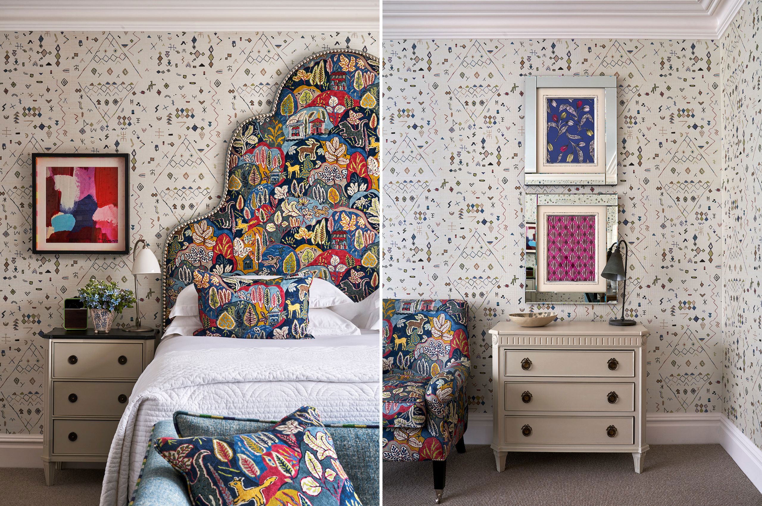 Decorated bedroom with patterned headboard and furniture
