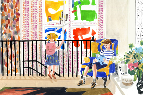An illustration of two children in the lobby at Ham Yard Hotel, one seated on a chair reading a book, one looking at the art hanging on the wall