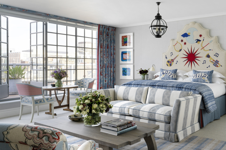 Wide bedroom shot of room 504, the One Bedroom Terrace Suite at The Soho Hotel