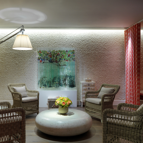 Wide shot of the lounge area of the Soholistic Spa at Ham Yard Hotel