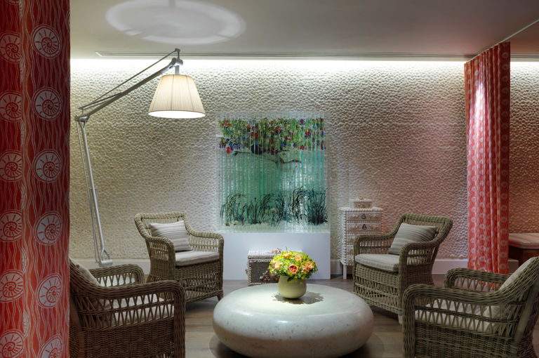 Wide shot of the lounge area of the Soholistic Spa at Ham Yard Hotel