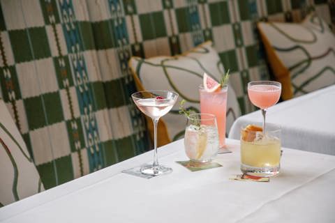 A wide angle close-up shot of a selection of cocktails from Refuel Cafe at Treasure House Fair