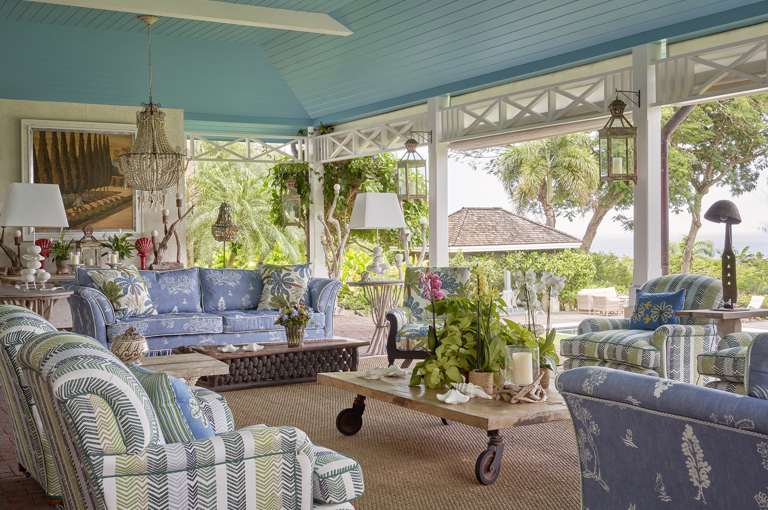 An image of the seating area in the outdoor terrace at Rossferry, the Caribbean property managed by Firmdale Hotels. 