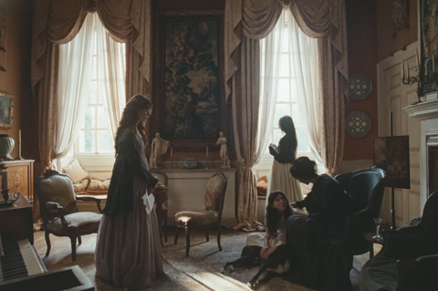 A still from 'Sense and Sensibility'. Four women dressed in period clothing in an English countryside manor house. One woman is standing on the right near a piano, one is at the back looking out of a window and one sits on a chair leaning down to touch the fourth woman sat on the floor