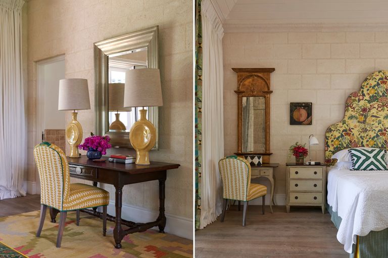 A stitched image of Bedroom 3 at Rossferry the property in Barbados managed by Firmdale Hotels. On the left, an image of a yellow chaiur infront of a dark wood desk with two yellow lamps under a mirror. On the right, a front on image of a bed with a desk and chair to the right, in a yellow and green colour scheme. 