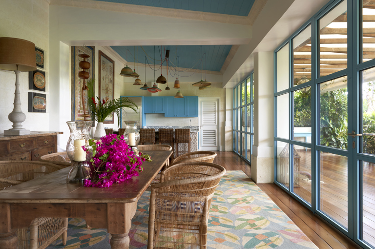 An image of the pavilion from the dining area toward the kitchen. At Rossferry, the Caribbean Property managed by Firmdale.