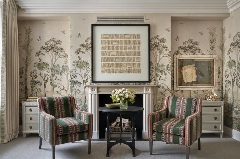 The sitting area of the first bedroom in the Two Bedroom Suffolk Suite at Haymarket Hotel